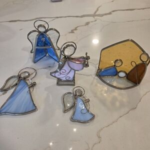 Leaded Stained Glass Angels and Nativity Set Christmas